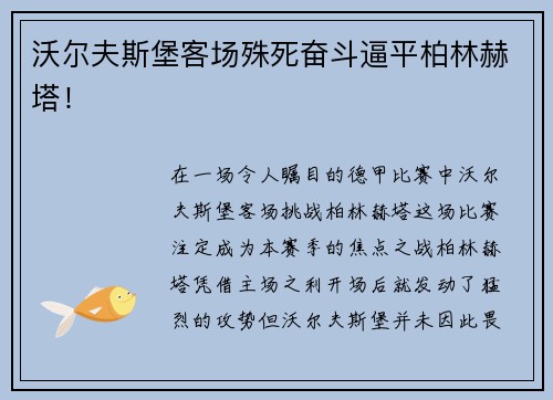沃尔夫斯堡客场殊死奋斗逼平柏林赫塔！