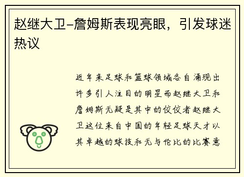 赵继大卫-詹姆斯表现亮眼，引发球迷热议