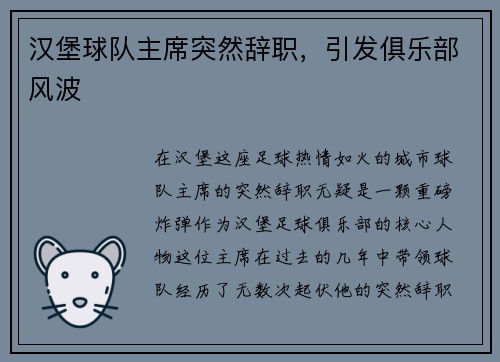 汉堡球队主席突然辞职，引发俱乐部风波