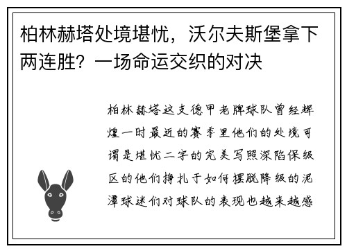 柏林赫塔处境堪忧，沃尔夫斯堡拿下两连胜？一场命运交织的对决