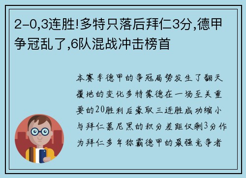 2-0,3连胜!多特只落后拜仁3分,德甲争冠乱了,6队混战冲击榜首